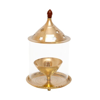 Akhand Jyot Brass Diya for Pooja & Religious Rituals with Glass Cover