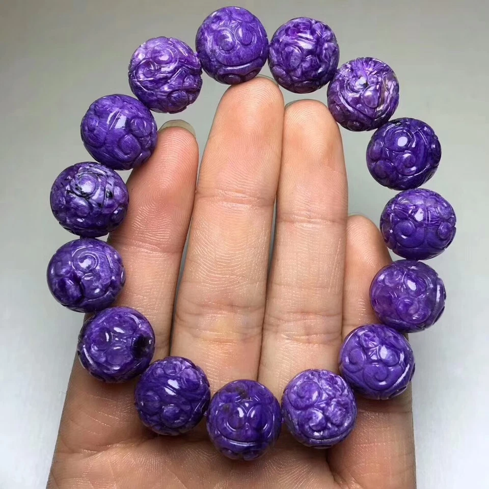 Natural Purple Charoite Gemstone Round Carved Beads Bracelet 14mm AAAA - Image 2 of 4