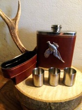  8oz Stainless Steel/Leatherette Hip Flask feat Pheasant With Cups  - Shooting