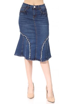 Women's Juniors/Plus Size Middle - Length Stretch Denim frayed mermaid A-line...