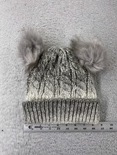 Beanie Toque Youth Girls Gray Cable Knit Acrylic Cotton Blend Lined Double Pom