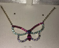 Muti Color Rhinestone Butterfly Necklace NIB New In Box Silver Tone Jewelry