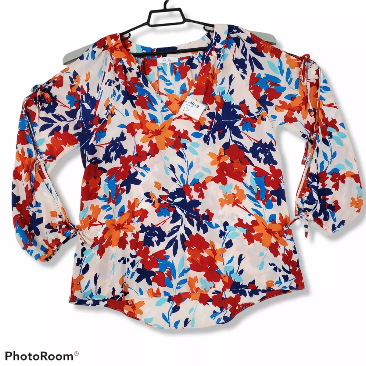 Parker Top Blouse Womens Medium Floral Cold Shoulder Tie Sleeves V