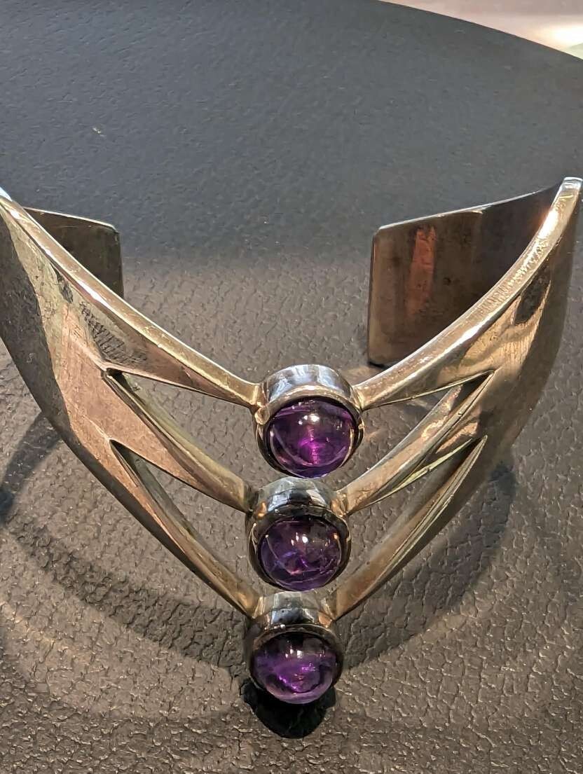 Solid 835 Silver Polished Bangle with 3 Amethysts… - image 4