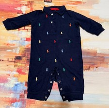 Ralph Lauren Baby Blue Pique Polo Jumpsuit Romper Boy SZ 6 MONTHS