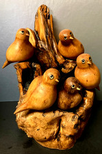 11" - 5 Bird Sculpture on Burled Wood - Hand Carved - New Mexican Folk Art