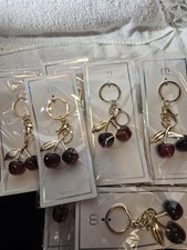 Bag Charm/Key Chain Red Resin Cherries, Gold Tone Stainless Steel