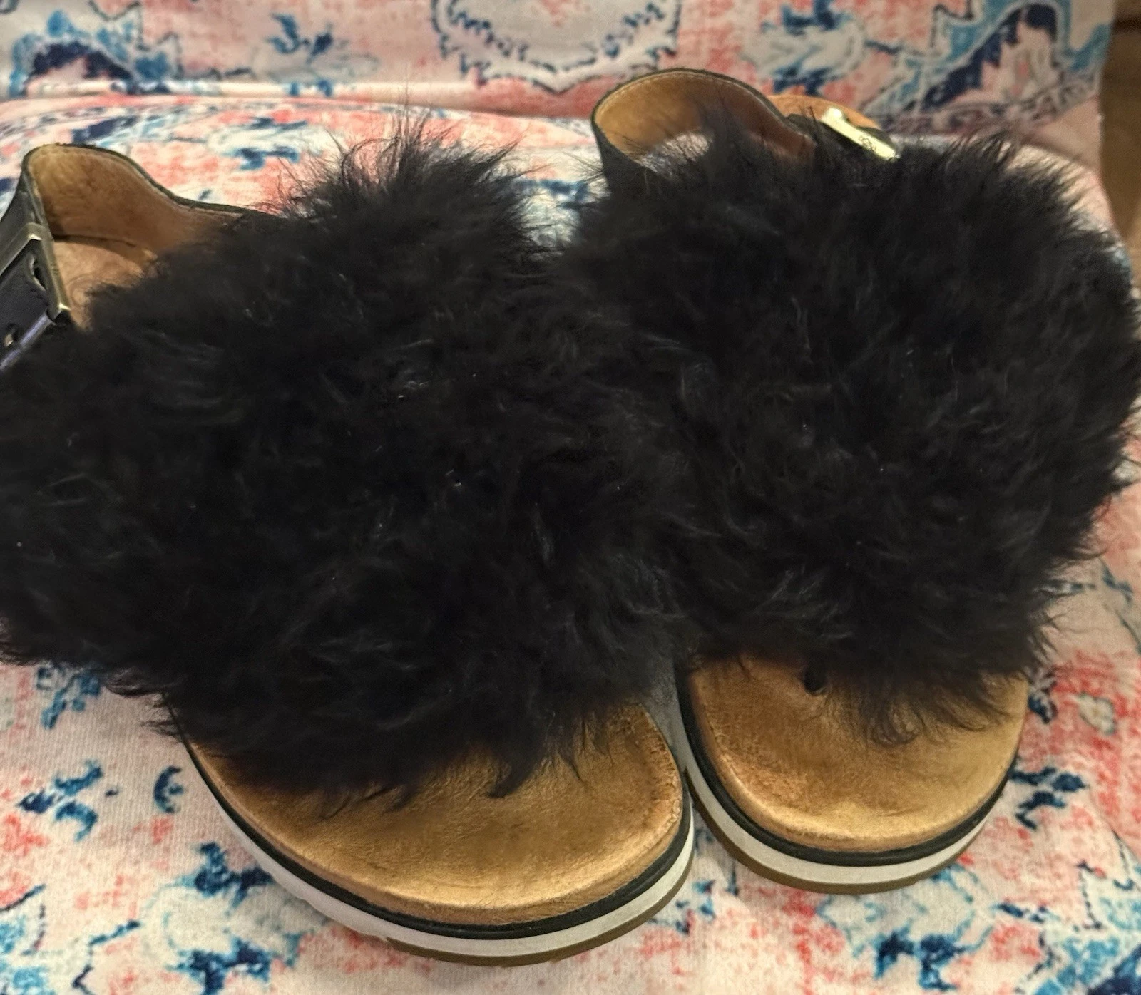 UGG HOLLY FLUFFY FUR SOFT SANDALI NERI SLINGBACK TANGA DONNA 9 PRE LOVED