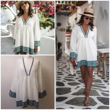 Zara Combination Textured Tunic Kaftan Dress White Green Embroidered  Size XXL 