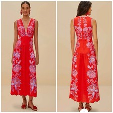Farm Rio Porcelain Garden Red Linen A-Line Midi Dress S Small Red NWT $298