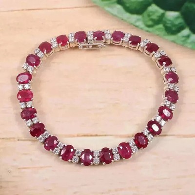 Tennisarmband 7 kt Ovalschliff Lab Created Rubin & Diamant 14 Karat Weißgold vergoldet