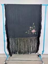 Antique 1920s Large Black Embroidered Silk Piano Shawl Roses and Fringe As Is