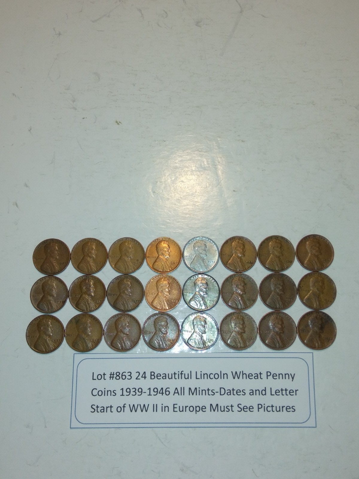 Lot #863 24 Beautiful US Penny Coins 1939 to 1946 PDS All Dates & Mints VG-Fine