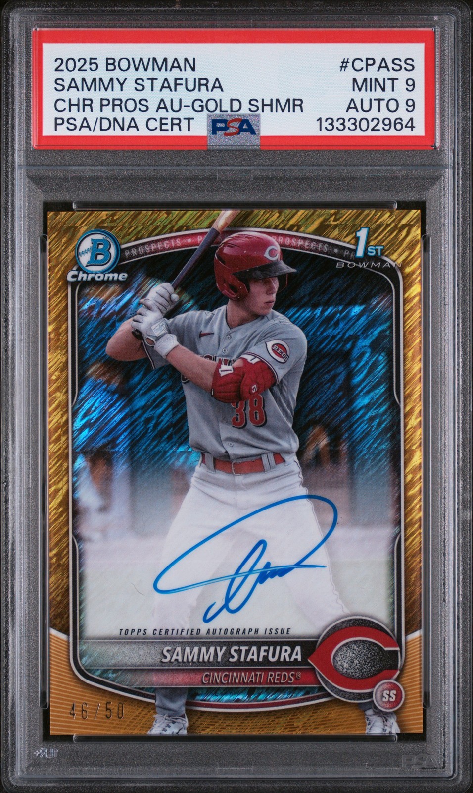 2025 BOWMAN CHROME PRSPCT AUTOS GOLD SHIMMER SAMMY STAFURA 46/50 PSA 9 AUTO 9