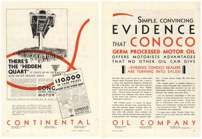 1931 Continental Oil Company- CONOCO 2 Separate PG. Ad: Germ Processed Motor Oil
