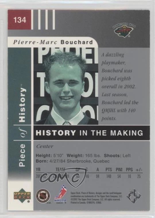 2002-03 Upper Deck Piece Of History /1500 Pierre-Marc Bouchard #134 Rookie RC - Image 2 of 2