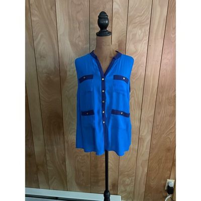 #ad AQUA Womens Cobalt Blue Sleeveless Button Down Blouse Navy Trim Size M $11.99