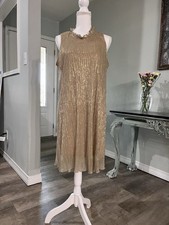 Tahari Gold Metallic Knit Sleeveless Ruffle Neck Knee Length Shift Dress Size M