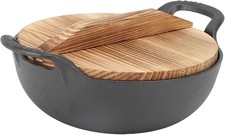 Topyond Cast Iron Wok with Wooden Lid and 2 Handles, Uncoated Stir Fry 25cm