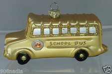 Vintage Yellow School Bus Christmas Tree Glass Ornament W/Gold Sparks