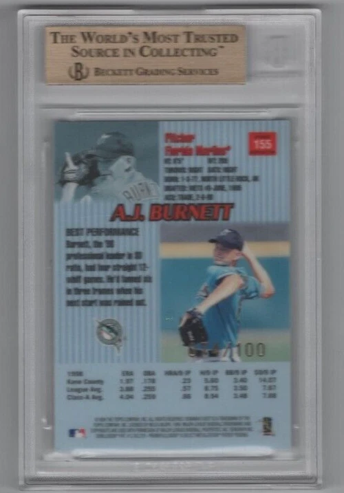 1999 BOWMAN'S BEST ATOMIC REFRACTOR ROOKIE #155 AJ BURNETT #/100 BGS 9.5 GEM 10 - Image 2 of 2