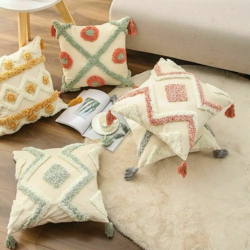 Tufted Boho Throw Cushion Cover Pillow Cover Pillowcase Tassel Pillow Covers - Picture 5 of 17