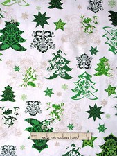 Christmas Fabric Tree Snowflake White Cotton Deck The Halls Benartex By Yard
