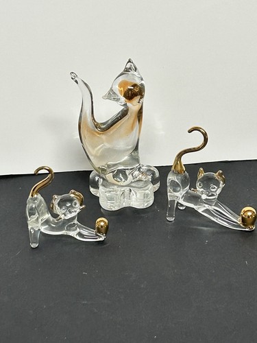3 FIGURAS VINTAGE DE GATOS DE VIDRIO SOPLADO TRANSPARENTE CON DETALLES DORADOS MÁS ALTAS 4 PULGADAS - Imagen 6 de 13