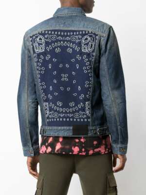 NWT Alanui Blue Bandana Intarsia Knit Back Panel Button Denim Jacket Sz M $1745