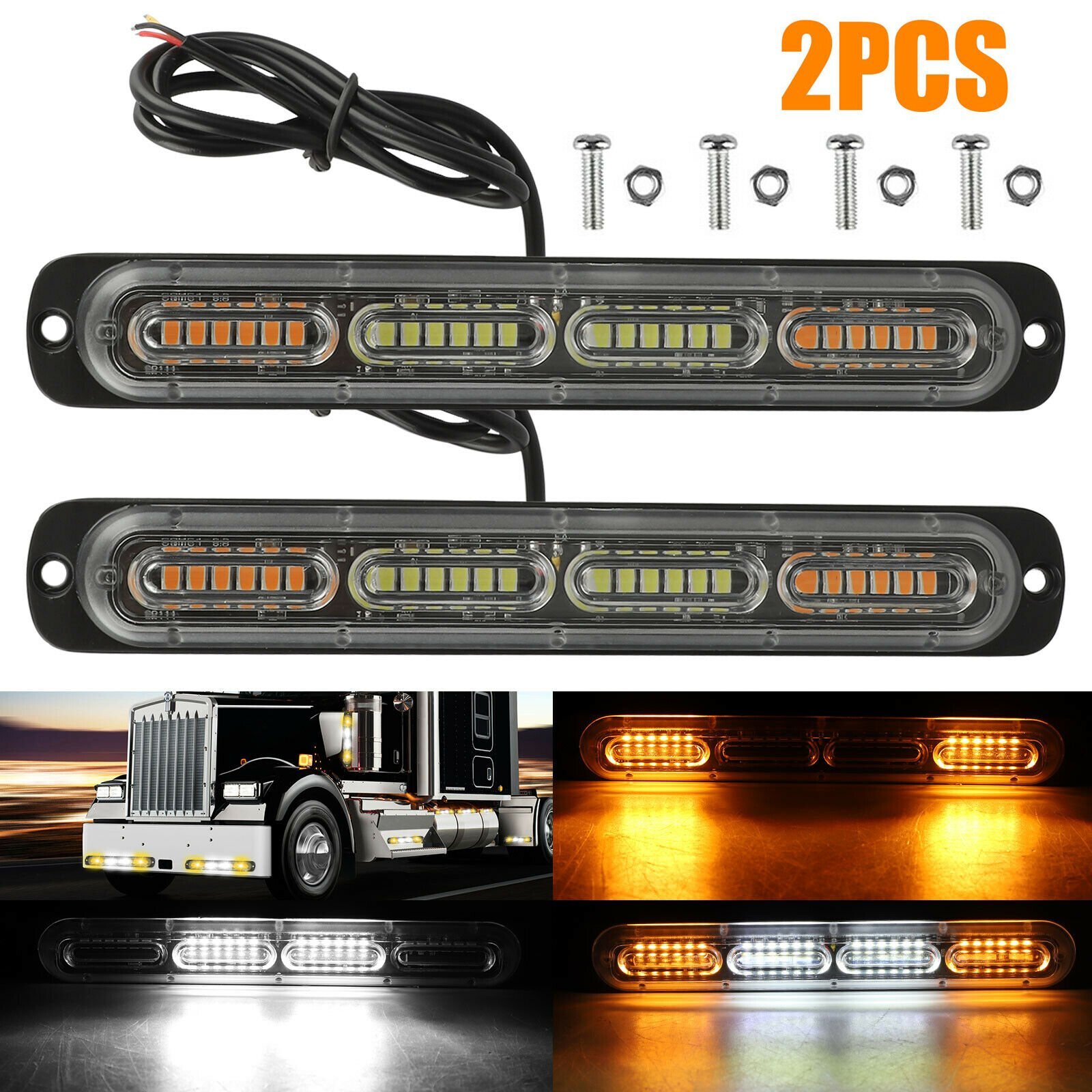 Amber/White LED Car Truck Emergency Warning Hazard Flash Strobe Light Bar 24smd