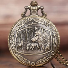 Necklace Pocket Watch Steampunk Chain Wolf Tiger Lion Retro Style Roman Numerals