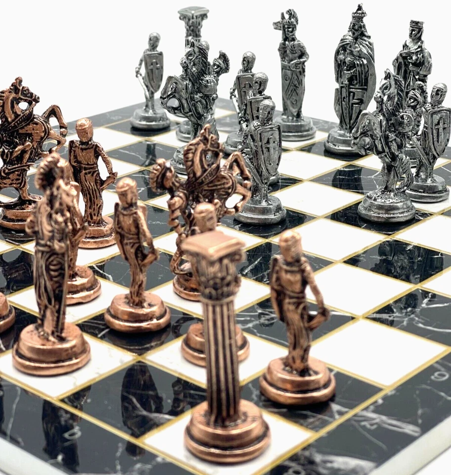 Black White Marble Pattern Wooden Chess Set with British Metal Chess Pieces - Image 2 of 4