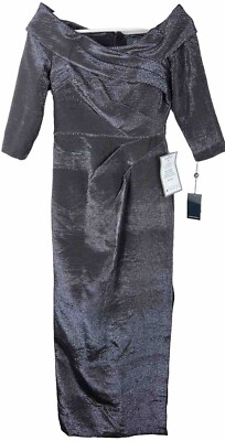 Adrianna Papell Gown Off Shoulder Black Silver Gunmetal Women Size 2 NWT