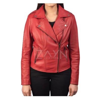 Womens Real Leather Biker Motorcycle Jacket Genuine Lambskin Slim Fit Red Coat
