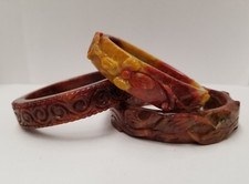 Three Carved Heat Treated Burnt Brown Red Jade Bangle I.D. 57mm W. 6mm H. 15mm