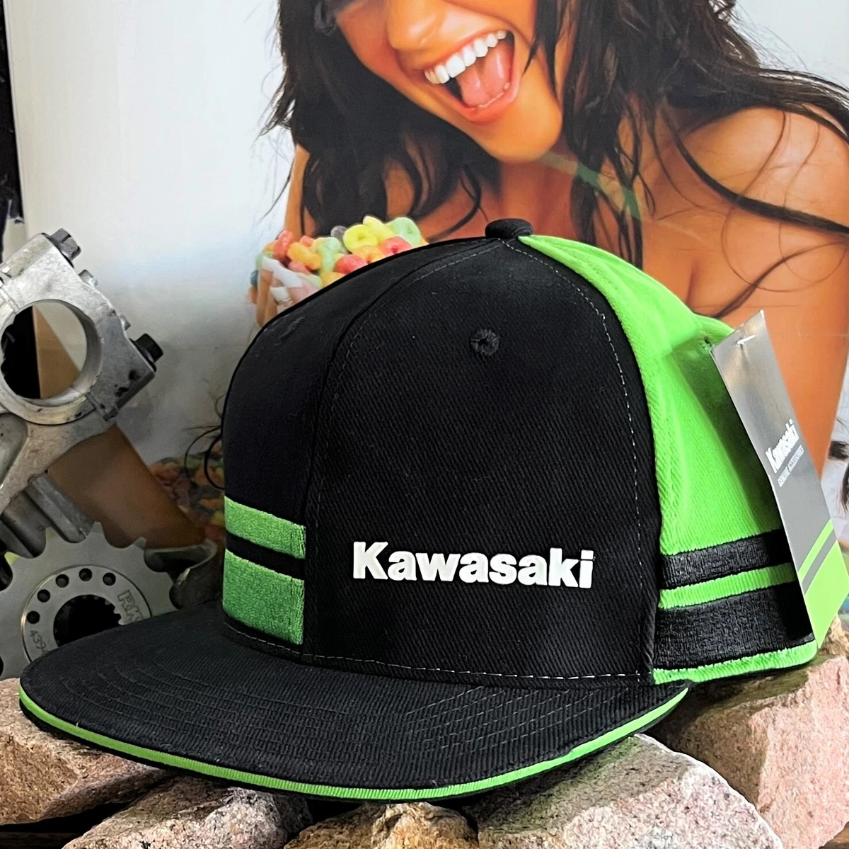 KAWASAKI ADULTS MENS SNAPBACK FLAT PEAK HAT CAP MX MOTOCROSS QUAD