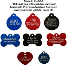 Custom Engraved Pet ID Tags for Dogs and Cats/Bone Shape, Round Shape and Heart 