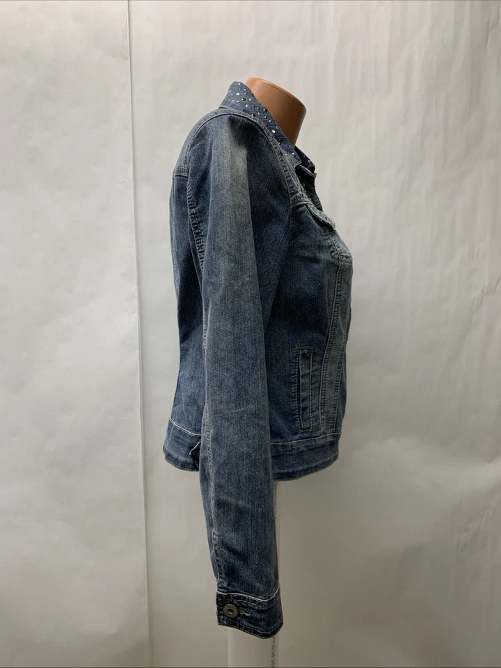 Jaqueta Roz and Ali feminina pequena azul denim com botões bolsos pedras preciosas Bling - Imagem 4 de 4