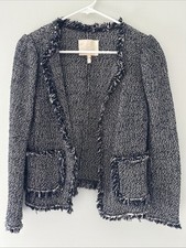 Rebecca Taylor Tweed Open Front Blazer with frayed trim navy with pink SZ 4