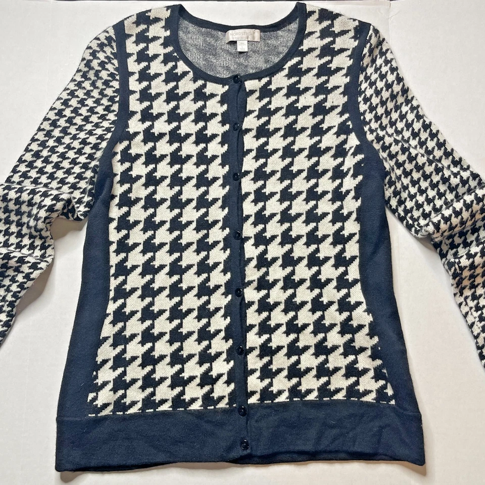 Cárdigan Suéter Nordstrom Cachemira Pata de Gallo Botón Mujer L Blanco y Negro Foto 2 de 4