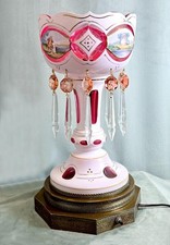 LAMPADA antica da tavolo 9" x 16" mirtillo boemo e vetro artistico bianco lance cristallo