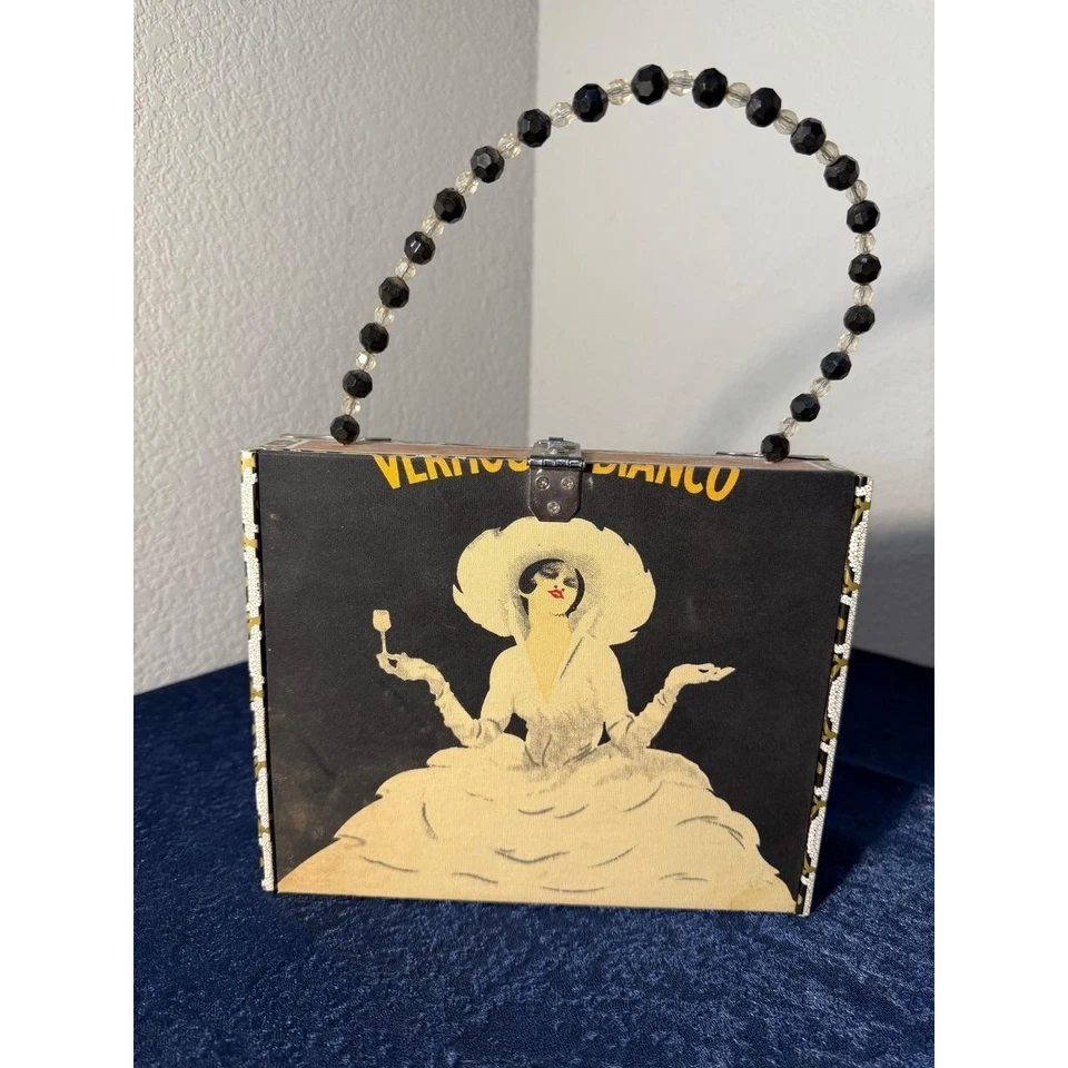 Bolso de mano para mujer caja negro crema Art Deco aleta ilustrado vintage noche Foto 2 de 4