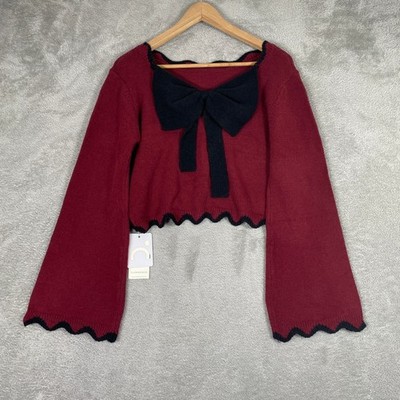 Commense Sweater Womens Medium Red Bow Scalloped Cropped Bell Sleeve Coquette