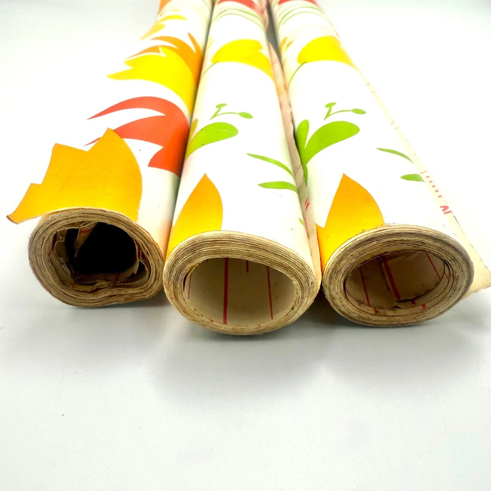 Papel Pintado Vintage MCM 1960 Rollo Flor Tulipanes Amarillo Verde Rojo Naranja Nuevo de Lote Antiguo Foto 3 de 3