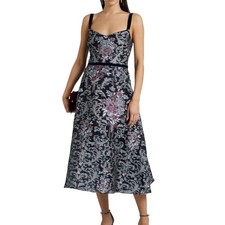 MARCHESA NOTTE Flared Metallic Floral Organza Midi Dress Size 10