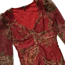Fashion Nova Red Floral Mesh Dress Sheer Cottagecore Ruched Bodycon Size Small