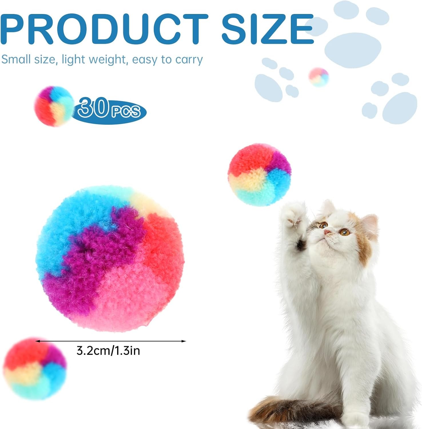 KALIONE 30 Pcs Soft Plush Cat Ball 1.2-inch Rainbow Toy Balls colorful 