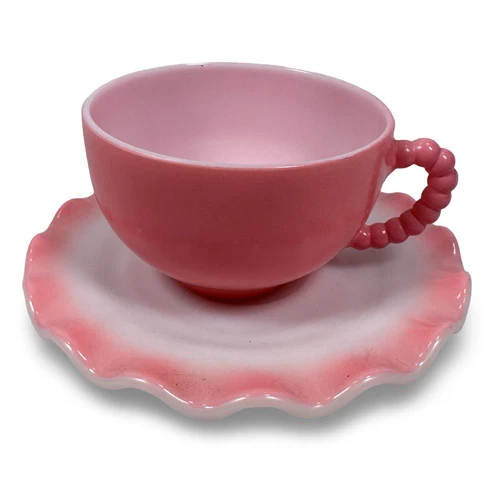Vintage Hazel Atlas Crinoline Cup & Saucer Pink Milk Glass Ruffled Edge