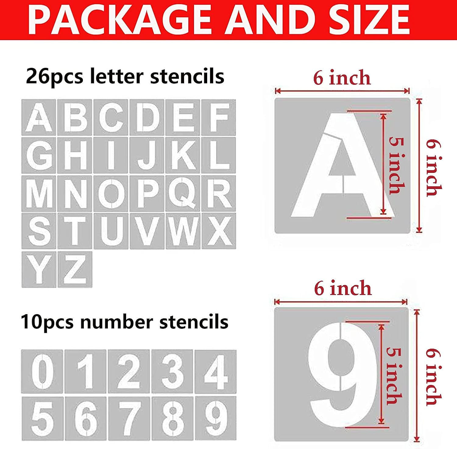 6 Inch Letter Stencils and Numbers, 36 Pcs Alphabet Art Craft Stencils, Reusable