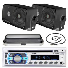 Black 3.5" Box Boat Speakers, Pyle Bluetooth USB Receiver, Antenna, Radio Cover